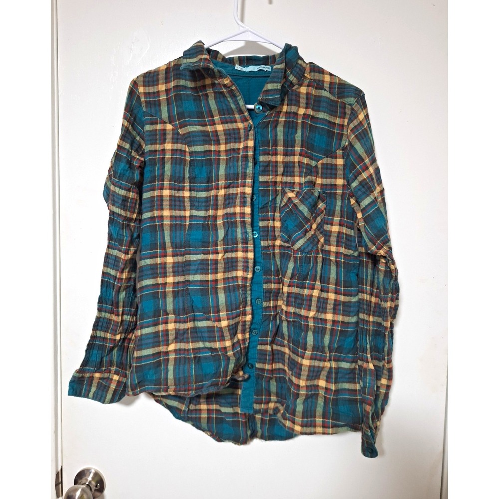 Maurices Women's XL Plaid Button Down Shirt Teal Yellow Long Sleeve Cotton Top